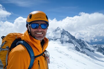Summit view of Jungfrau alpinist enjoying a stunning day in Switzerland's mountains, Aerial Switzerland Jungfrau summit mountaineering outdoor