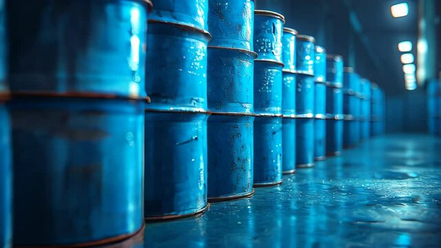 video of Blue oil barrels or chemical drums arranged in a horizontal stacked formation.	