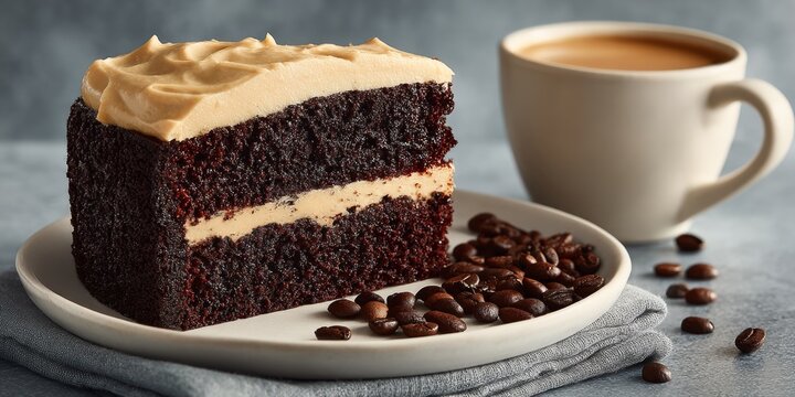 Slice of Decadent Mocha Cake. Coffee Flavored Cake on white Plate with Espresso Beans