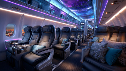 Empty airplane interior, plane salon with chairs and folding back seat tables. Vector cartoon cabin of passenger carriage transport with comfortable seats and foldable tray desk