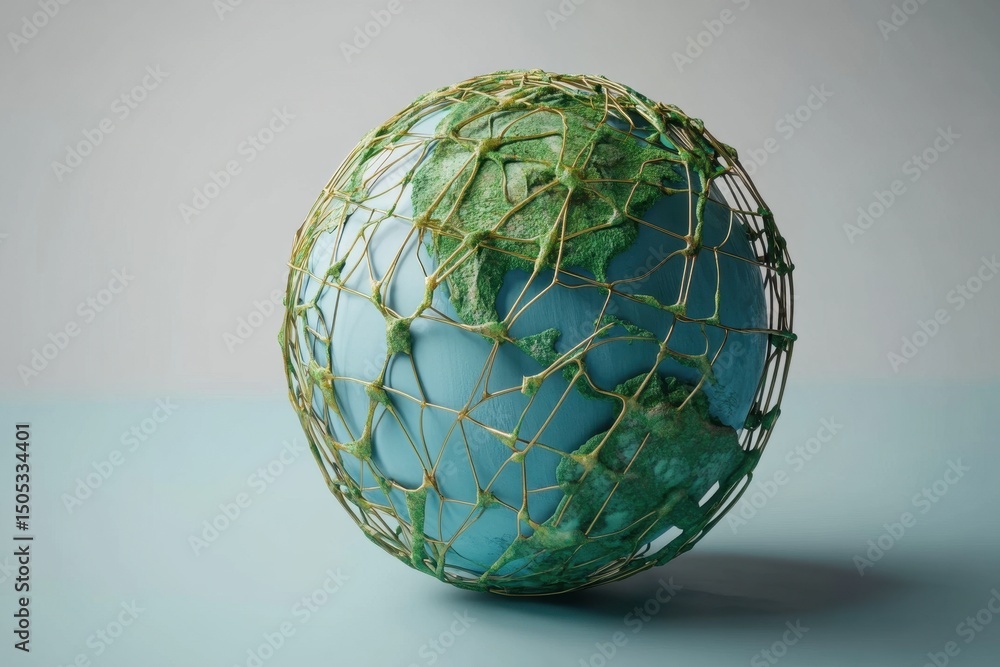 Poster global communication network represented by an earth model wrapped in a net illustrating big data co