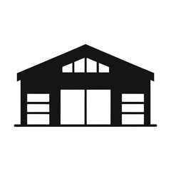 Silhouette illustration of barn or warehouse structure with front facing doors and windows