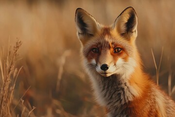 Fototapeta premium Young red fox pauses in golden grass during slow motion capture in natural habitat, Red fox Vulpes vulpes Slow motion Young foxes in the wild