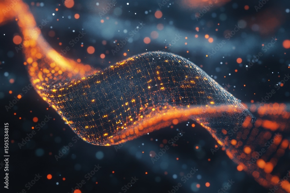 Poster digital data processing visualization over a spinning dna strand with vibrant energy flows, digital 