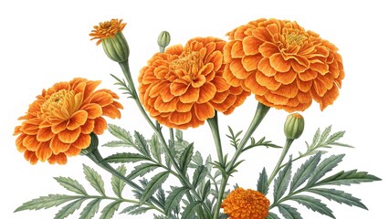 An exquisite watercolor illustration showcases vibrant orange marigold flowers in full bloom.