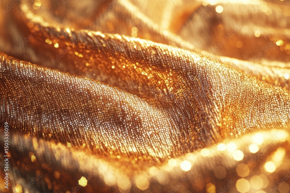 Poster gold sequin fabric curls with a shimmering texture and rich color on a delicate surface, gold sequin