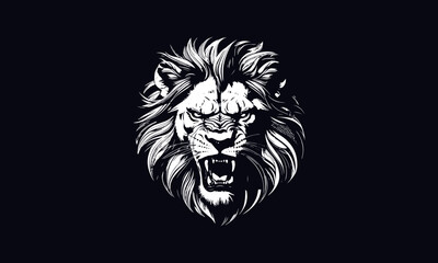 Angry lion vector, lion head illustration, black and white lion vector