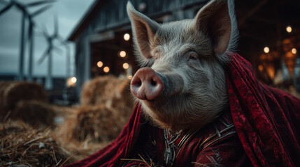 Pig superhero in red costume with cape and mask standing on farm field. Vector cartoon illustration of rural landscape with hay bales, barn, wind turbines and cute piggy character in super hero suit