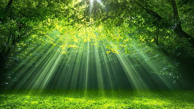 Sunbeams Illuminating a Lush Green Forest