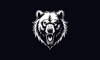 Angry bear head vector, grizzly bear head illustration, black and white bear head vector
