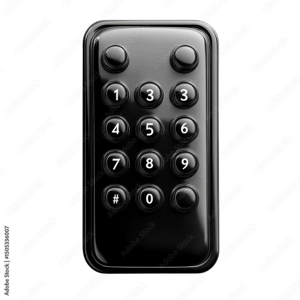 Poster a sleek reflective black remote control with a classic numerical keypad in on transparent background