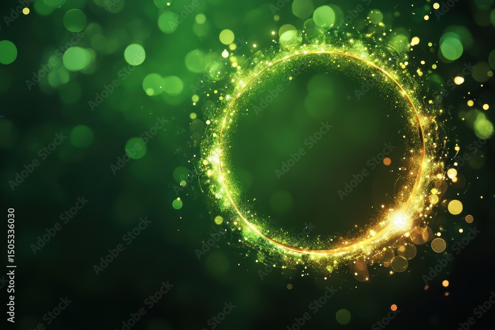 Poster Blinking ring of lights creates enchanting effect on vibrant green backdrop in nighttime display, Blinking ring of lights on green background