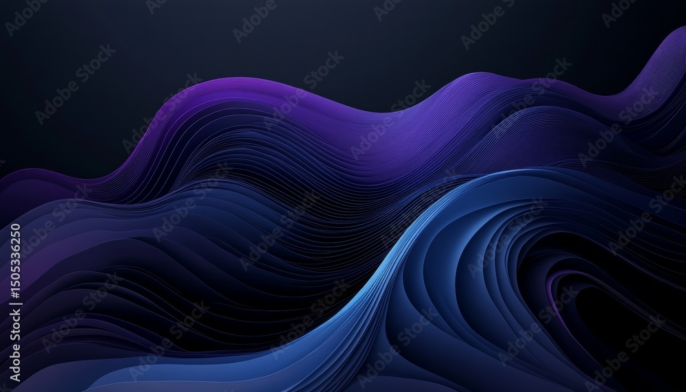 Poster dynamic waves of layered paper folds in deep indigo and cobalt tones on a soft gradient.