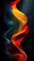 Minimalist design with three glowing lines in red, green, and yellow on a black background, subtly undulating to create an abstract visual rhythm that evokes emotions like calmness, energy.
