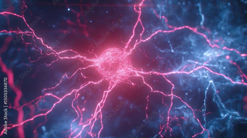 Poster abstract depiction of a neuron firing, showcasing intricate branching structures and vibrant energy 