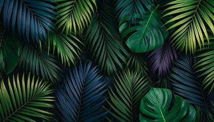 Beautiful tropical wallpaper with palm leaves juicy dark colorful
