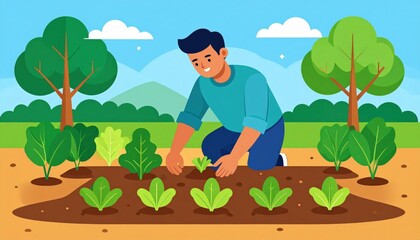 Smiling Man Gardening With Vegetables