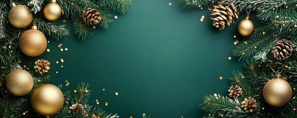 festive banner featuring golden baubles and pine branches on a rich emerald green background, Generative AI
