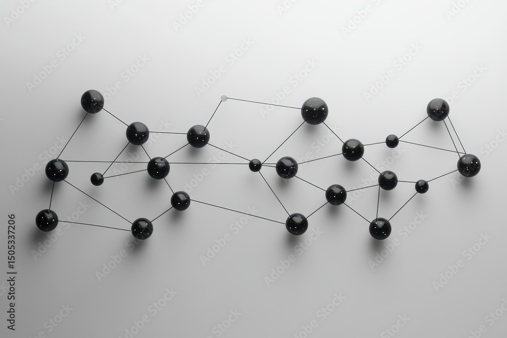 Poster network of connections featuring spheres on a gray background illustrating interlinked concepts and 
