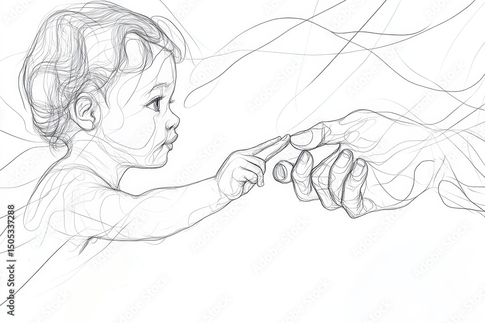 Aufkleber continuous line drawing depicting a child reaching out to touch a large hand in an artistic represen