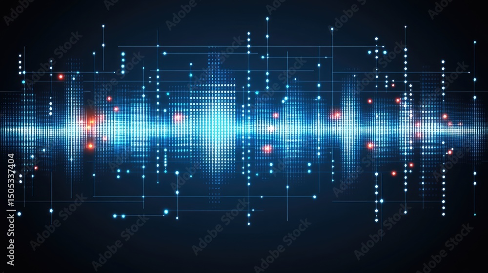 Poster abstract digital wave pattern with glowing blue and red data streams on dark background