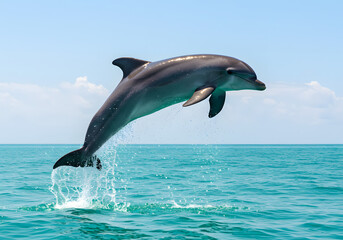 Fototapeta premium Majestic Dolphin Leaping from Ocean Waves A Breathtaking Wildlife Photo
