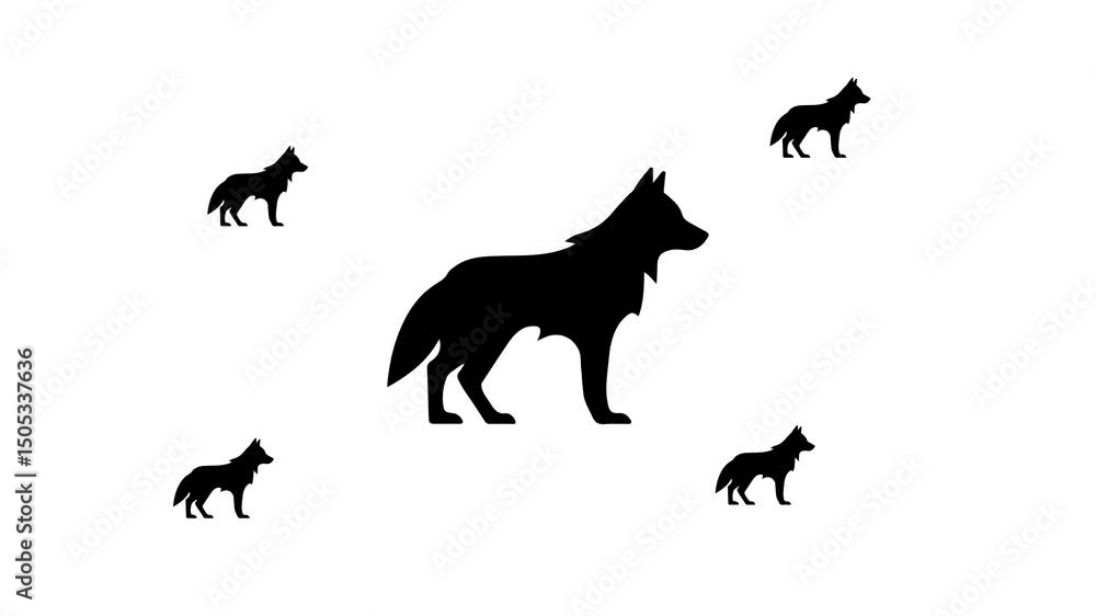 Poster zoom in and out animation the wolf symbol. large black symbol in the center and four small symbols a