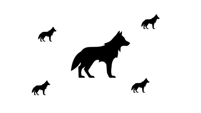 Zoom in and out animation the wolf symbol. Large black symbol in the center and four small symbols around. Seamless looped 4k animation on white background