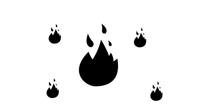 Zoom in and out animation the fire symbol. Large black symbol in the center and four small symbols around. Seamless looped 4k animation on white background