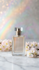 Elegant Perfume Bottle on Marble Surface Surrounded by Soft Pastel Flowers