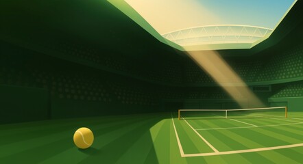 Dynamic Empty Tennis Court Featuring a Lone Ball and Dramatic Sunbeam, Professional Arena –  Sports Marketing, Event Promotion, Athletic Graphics, Digital Art, Sports News, Versatile Backgrounds