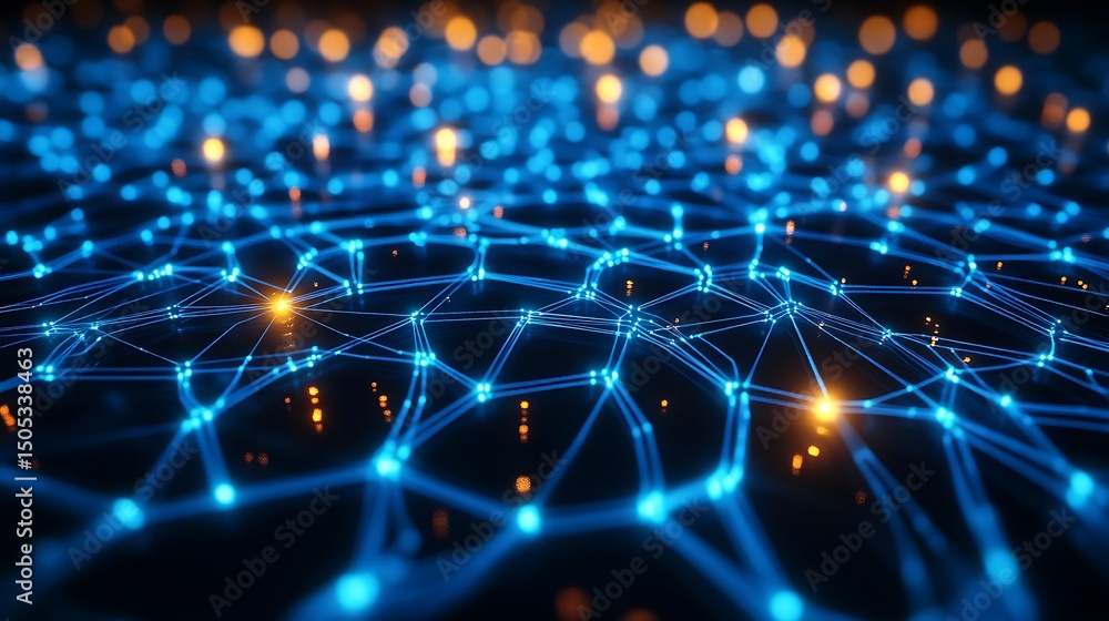 Aufkleber Glowing Blue Network Lines with Nodes and Orange Bokeh on Transparent Background