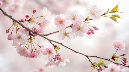 Beautiful display of delicate pink cherry blossom flowers on a branch in springtime.