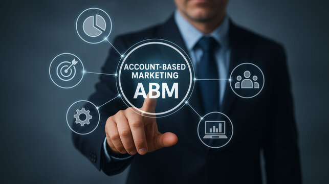 virtual touchscreen press displaying abbreviation ABM account-based marketing concept highlighting business web marketing technology