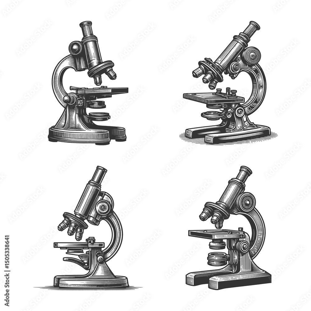 Poster microscope set collection bundle sketch engraving generative ai raster illustration. scratch board i