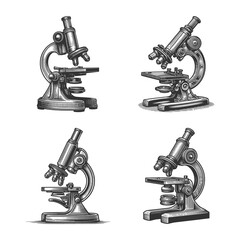 Microscope Set collection bundle sketch engraving generative ai raster illustration. Scratch board imitation. Black and white image.