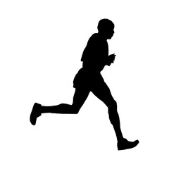 Editable vector silhouette of a running man in mid-stride with dynamic posture, perfect for sports, fitness, and health-related graphic projects


