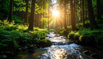 Obraz premium Sunlit Forest Stream with Lush Nature.