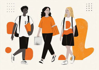 Three college students walking with books and smiles, education concept