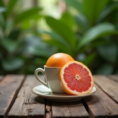 Sunny Citrus Delight: Vibrant Grapefruit in Ceramic Cup Surrounded by Lush Tropical Garden