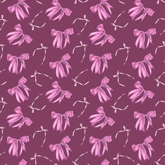 Seamless watercolor pattern with satin ribbon bows isolated on burgundy background. Hand drawn illustration. Delicate pastel design is used for background, card, packaging, fabric, wrapping paper.