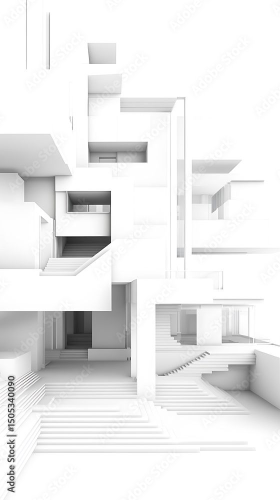 Poster minimalist white architectural structure with abstract staircases & transparent sections