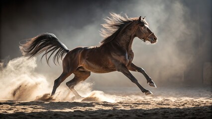 A beautiful brown horse gallops freely across a sandy arena, creating a powerful image.
