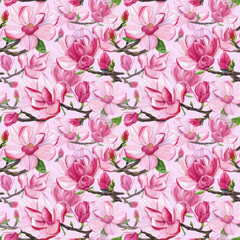 seamless pattern with large magnolia flowers on a pink background, watercolor illustration for textiles, tableware, postcards, packaging