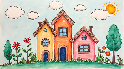 house, flower, tree, cloud, sky,generative ai
