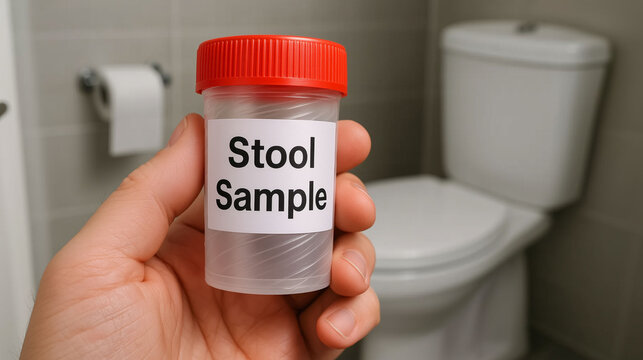 hand holding empty stool plastic bottle  sterile container in washroom background medical testing and sample collection concept