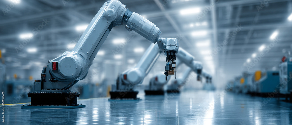 Poster Futuristic factory with robotic arms, automated machinery, advanced technology, industrial automation, and high tech environment, creating efficient and innovative workspace