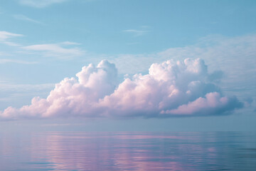 Naklejka premium Cotton candy clouds float above calm sea, reflecting soft pastel colors in tranquil and dreamy sky, evoking peaceful and serene atmosphere