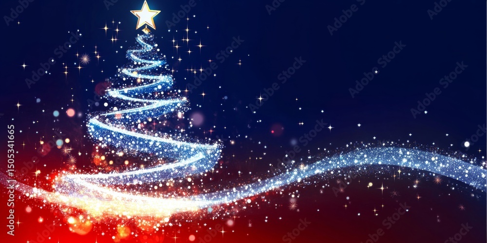 Poster abstract christmas tree made of glowing sparkles with wavy light trail against a gradient backdrop.