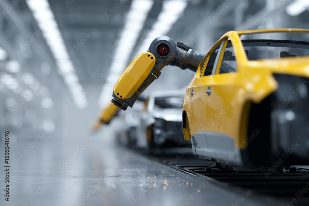 Poster robotic arm yellow car assembly line modern factory automation technology manufacturing industrial p